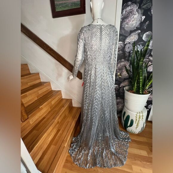 MAC DUGGAL EMBELLISHED ILLUSION LONG SLEEVE WRAP OVER A LINE GOWN/ Size 10 - Picture 9 of 10